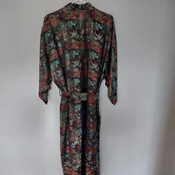 Longevity Hangzhou China Vintage Brocade Asian Print Long Kimono Style Robe - Picture 2 of 10
